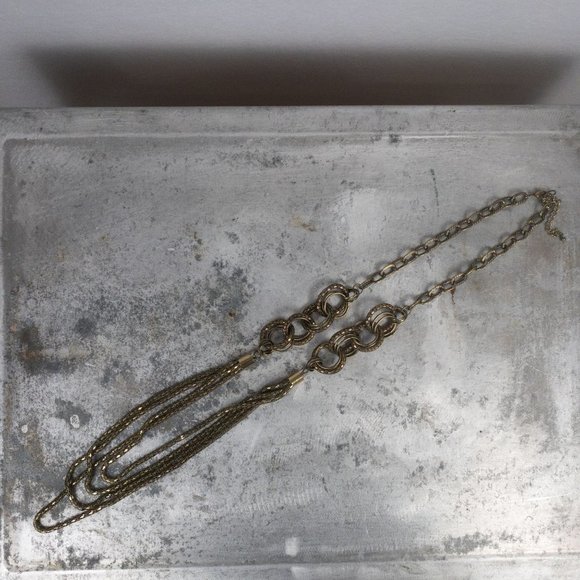 Vintage Jewelry - Vintage Boho Bronze Gold Rope Chain Ring Layered Necklace 21"